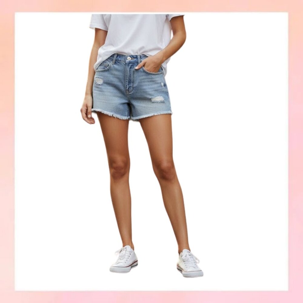 Twelve by On Twelfth High-Rise Distressed Denim Shorts - Size 28